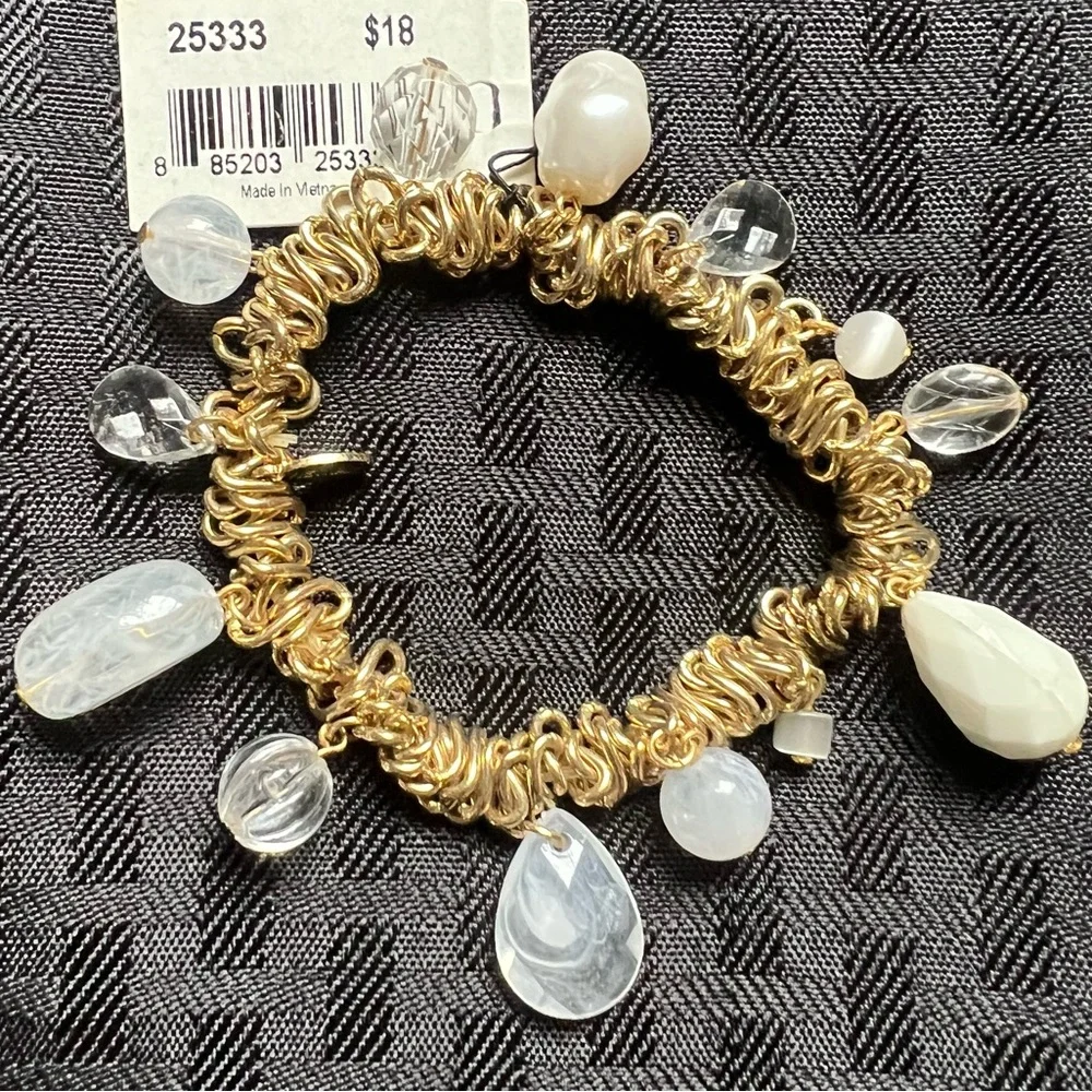 🐟 Freshwater Pearl Faceted & Smooth Bead Gold Tone Stretch Bracelet Cookie Lee - Picture 2 of 6